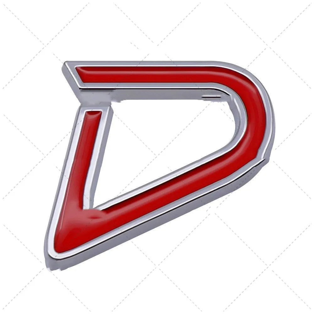 SD and D pattern metal car bumper stickers in red, silver, and black colour combinations