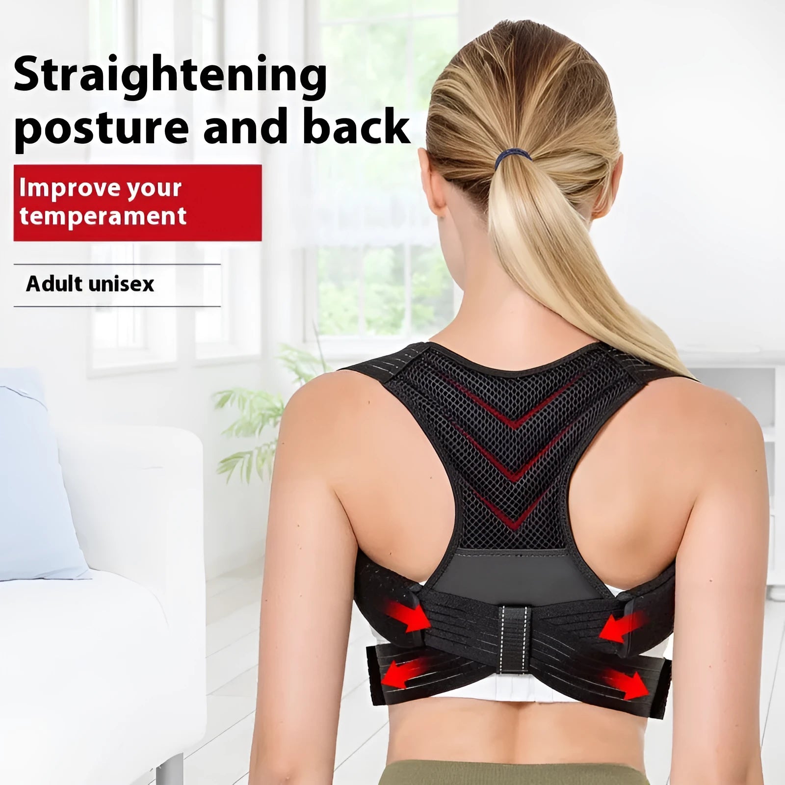 Black adjustable anti-humpback posture correction belt showing shoulder straps and upper back support design