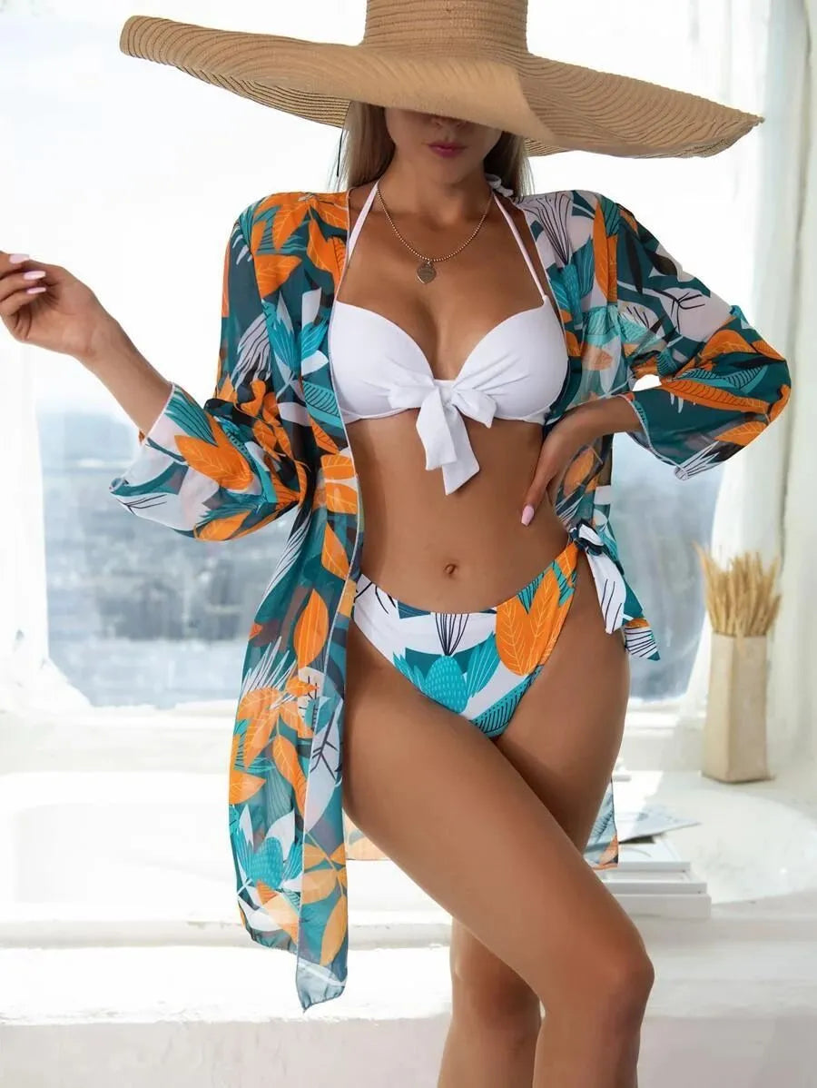 Women's three-piece mesh bikini set with split design top, pants and cover-up coat in polyester fabric