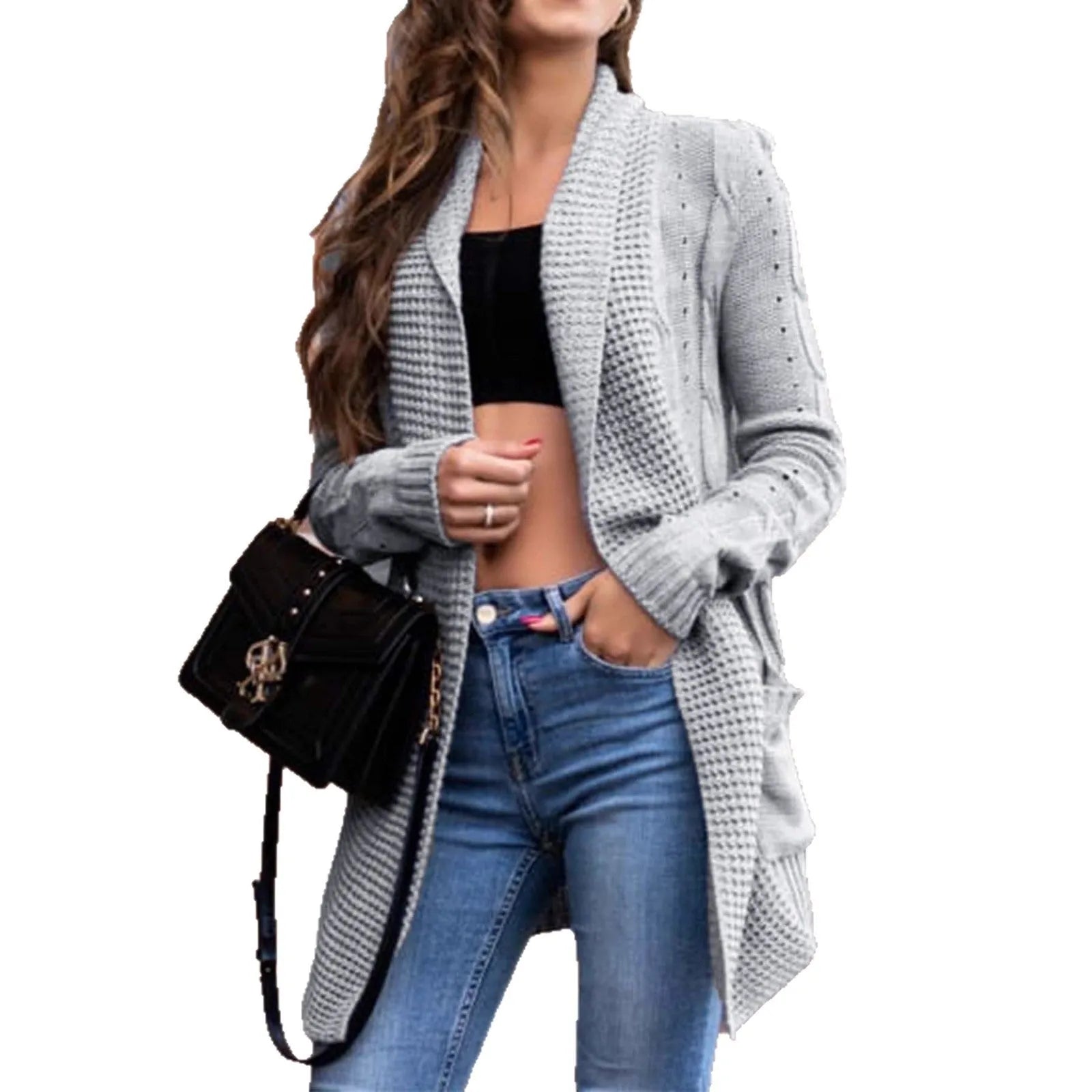 Grey thick-knit women's viscose cardigan with front pockets, shown loose-fitting and medium length.