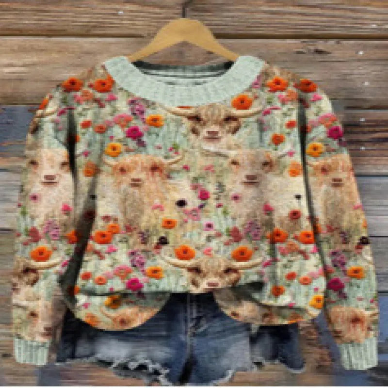 Women's little flower digital printed round neck sweater with floral pattern in polyester knit fabric