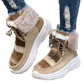 Beige women's lace-up snow boots with a suede upper, thick rubber sole, and plush lining.
