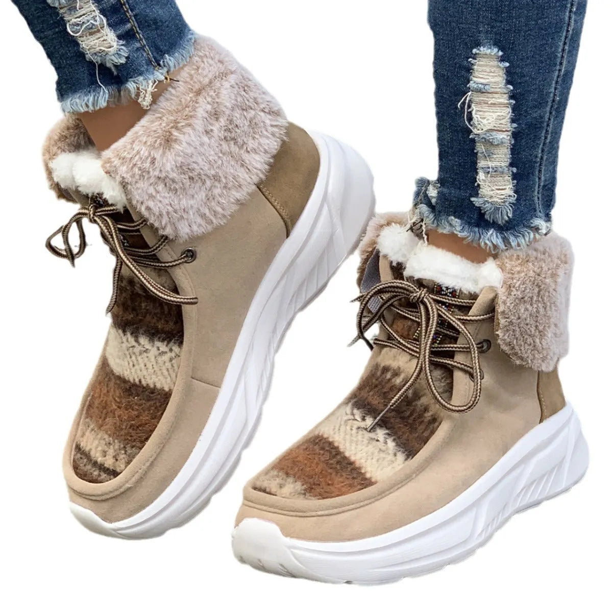Beige women's lace-up snow boots with a suede upper, thick rubber sole, and plush lining.