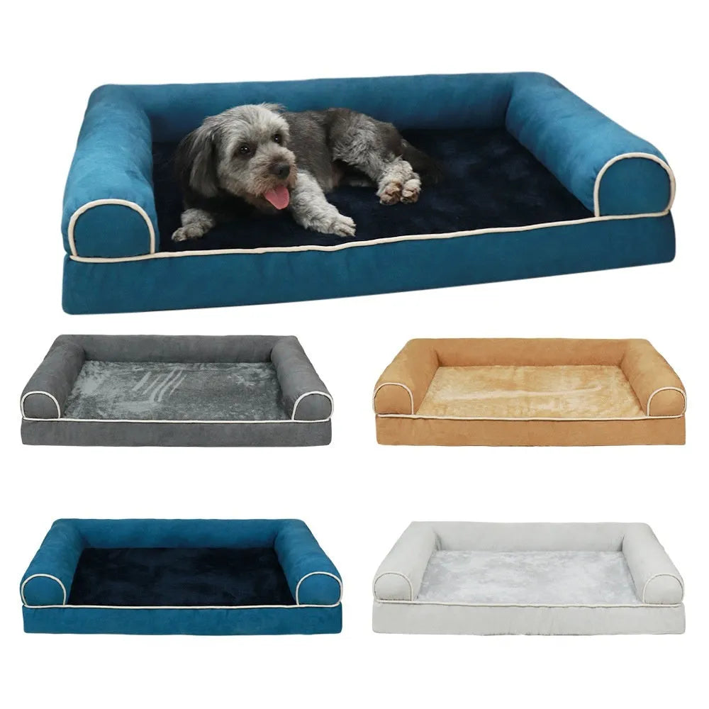 Square sponge dog bed with removable cloth cover in blue, shown next to a dark gray version.