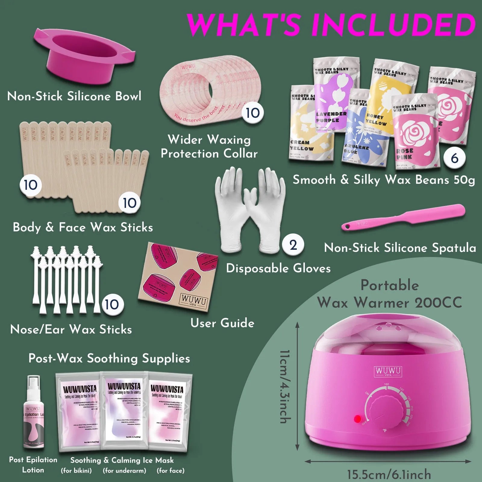 WUWUVISTA 56-piece professional waxing kit with wax warmer, wax beads, applicators and aftercare products
