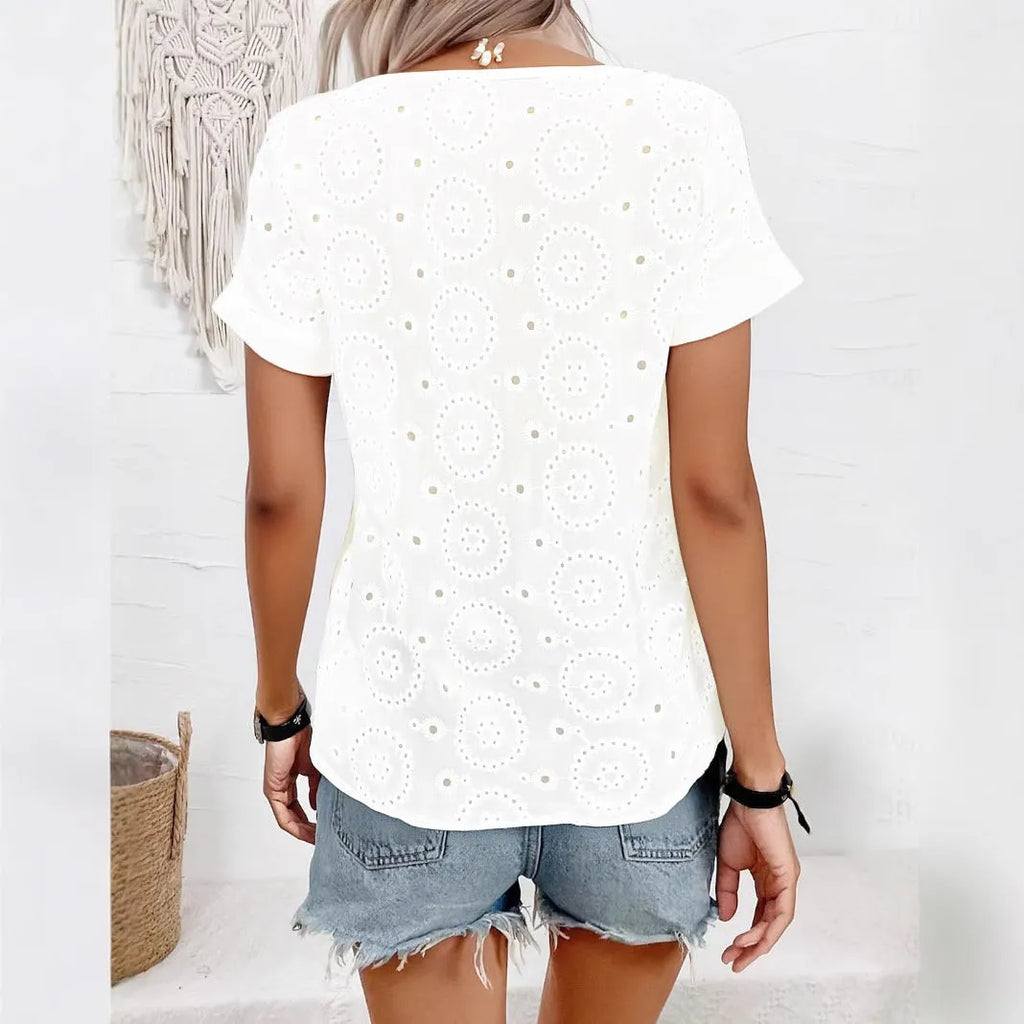 White V-neck t-shirt with hollow out detailing and regular sleeves in loose fit