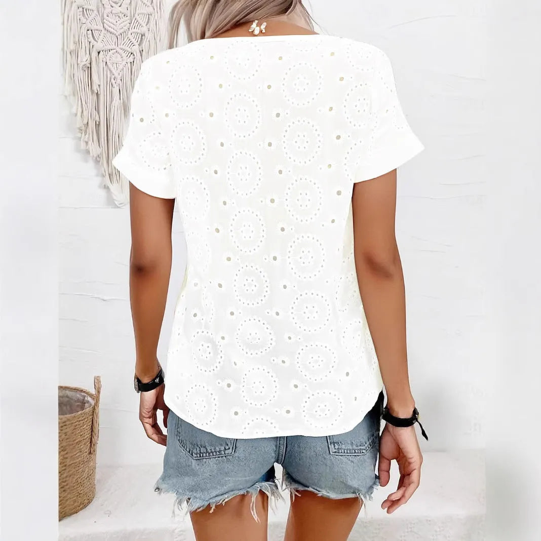White V-neck t-shirt with hollow out detailing and regular sleeves in loose fit