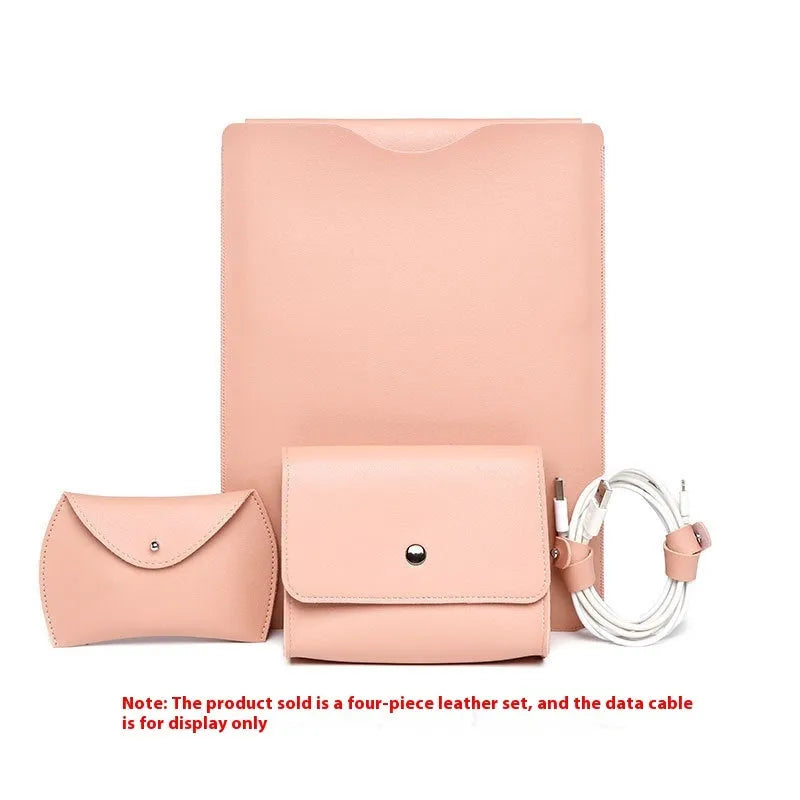 Four-piece imitation leather MacBook edge protector set shown in brown, grey, apricot, and light pink.