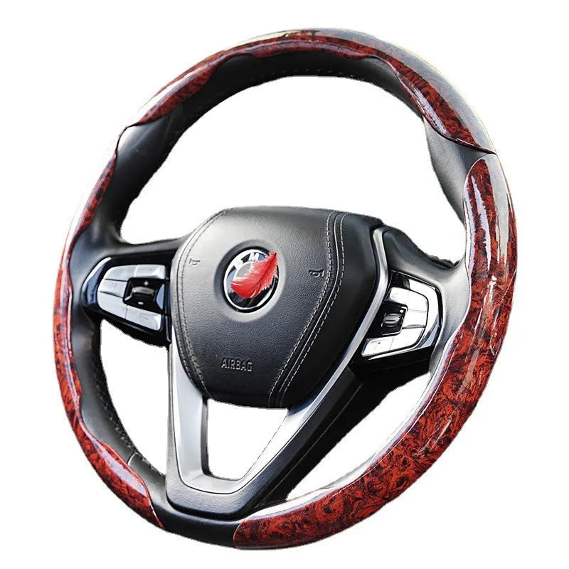 Peach wood grain artificial leather steering wheel sleeve showing sports design and colour options