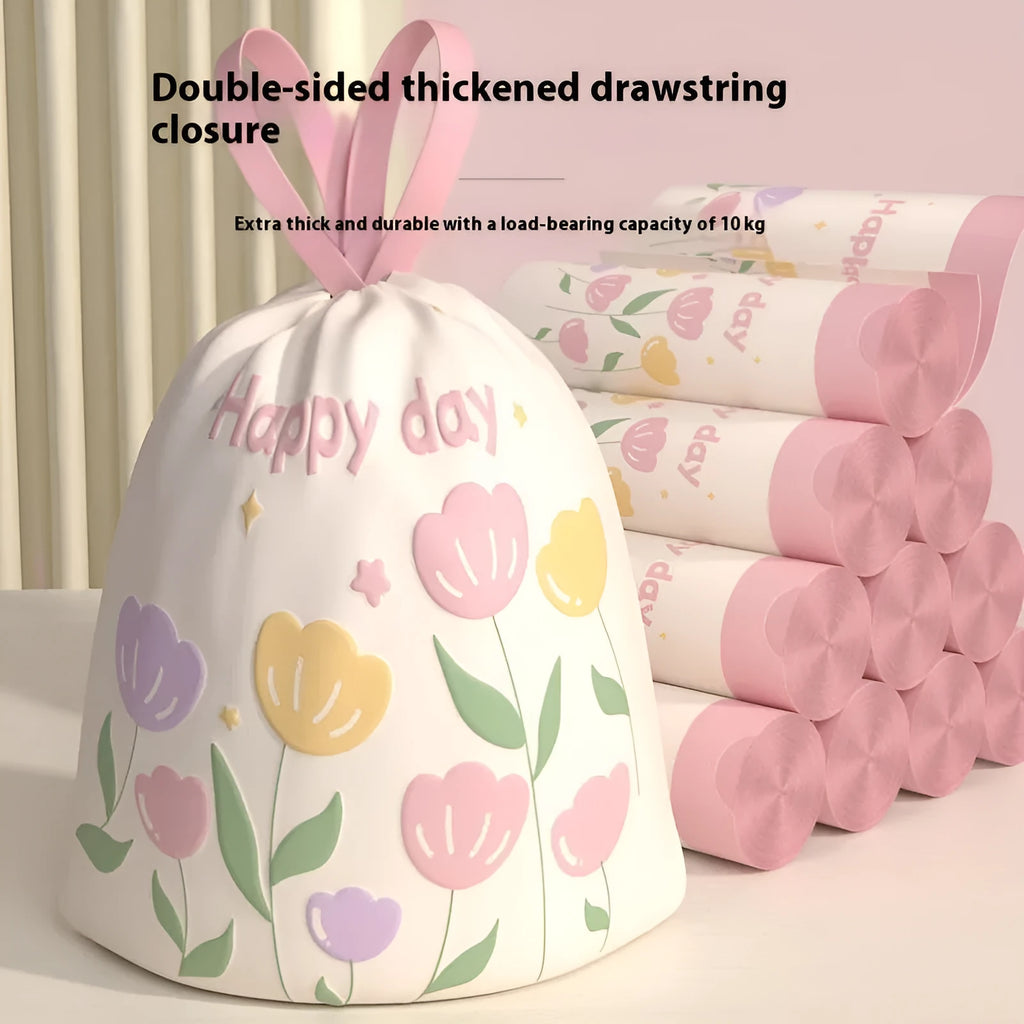 Pink degradable garbage bag with bold drawstring, scented with argy wormwood for mosquito repellent, size 44cm by 48cm.