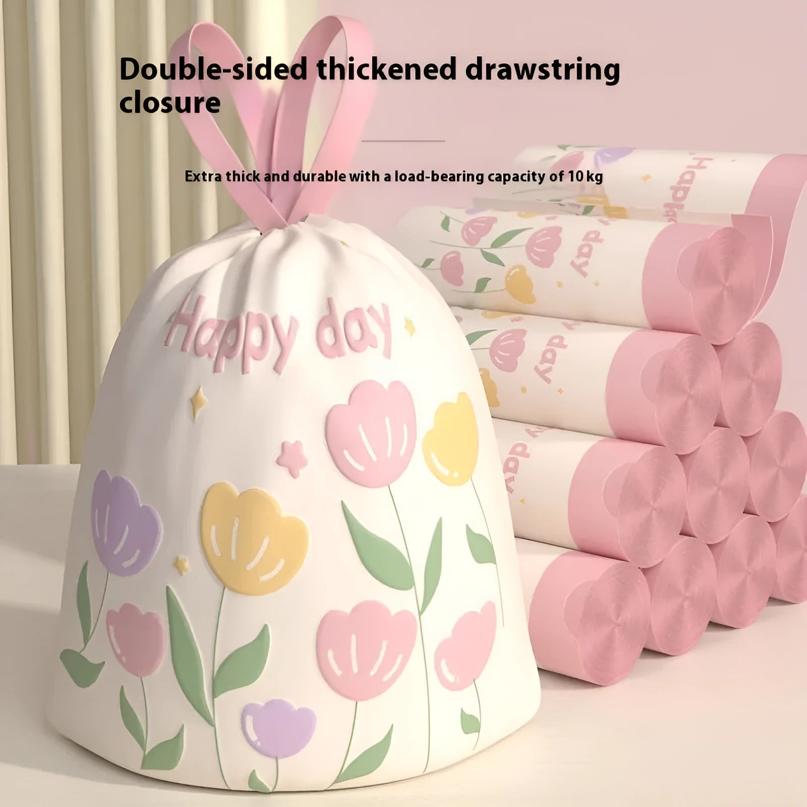 Pink degradable garbage bag with bold drawstring, scented with argy wormwood for mosquito repellent, size 44cm by 48cm.