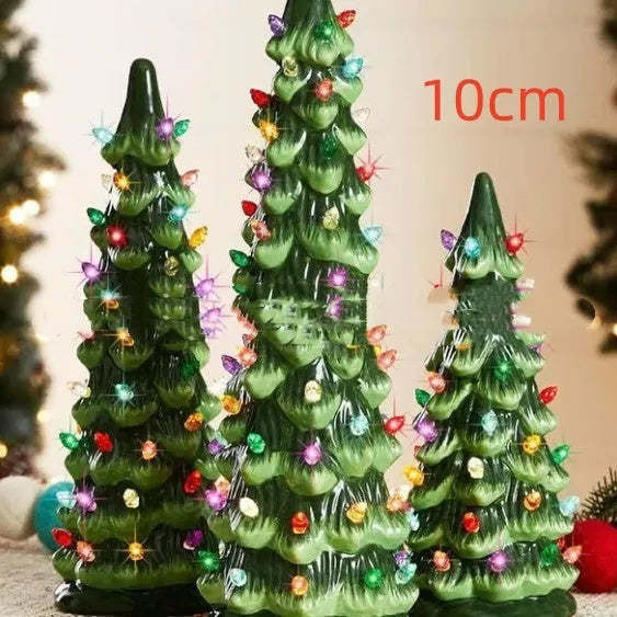 A European-style resin Christmas tree ornament with lights, shown in colour light and warm light variants.