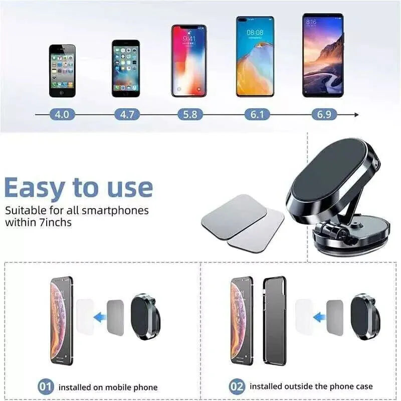 Chrome magnetic car phone holder with folding bracket extended on dashboard