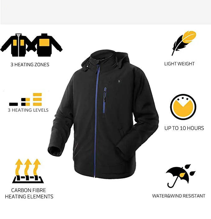 Men's black waterproof windproof thermal winter coat with long sleeves and zipper pockets