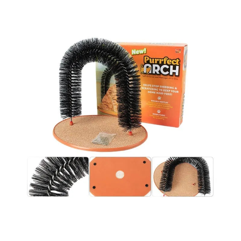Arched cat grooming station with integrated brush bristles for scratching and self-grooming