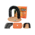 Arched cat grooming station with integrated brush bristles for scratching and self-grooming