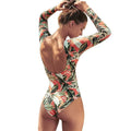 Women's leaf printed backless one-piece swimsuit in polyester for swimming