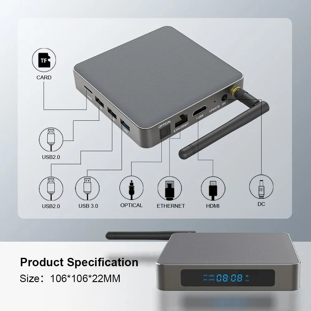 Compact black Android TV box with remote control and HDMI cable for 8K streaming