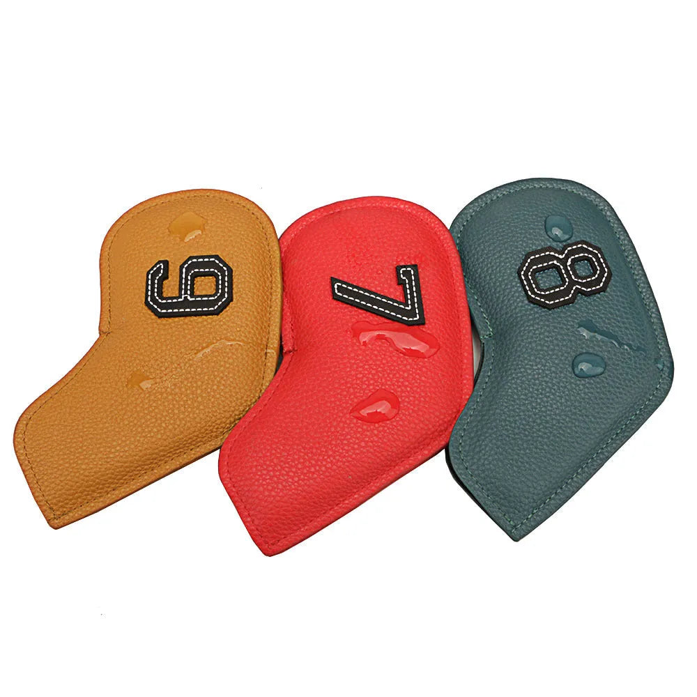 Ten digitally printed PU golf club head covers in varied colours