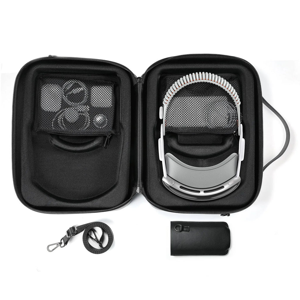 Black superfiber storage box for Apple Vision Pro MR glasses with dimensions 32.5 by 24.5 by 11.5 centimetres.