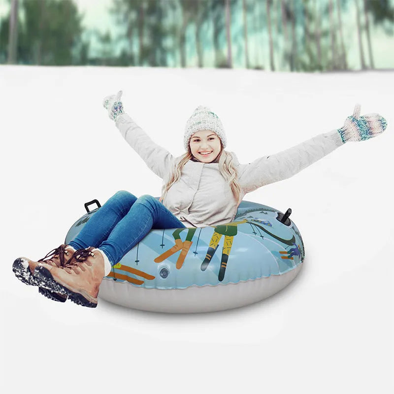 Children's thick PVC skiing ring toy with creative printed design for winter snow play in blue colour