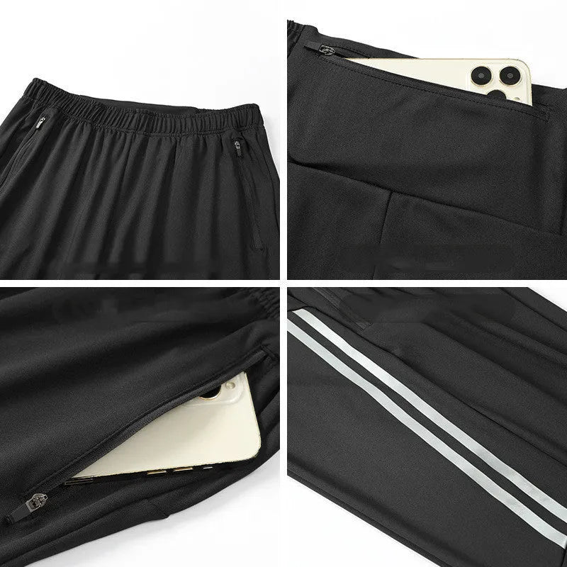 Men's black running trousers with mid waist design and standard length made from breathable polyester fabric