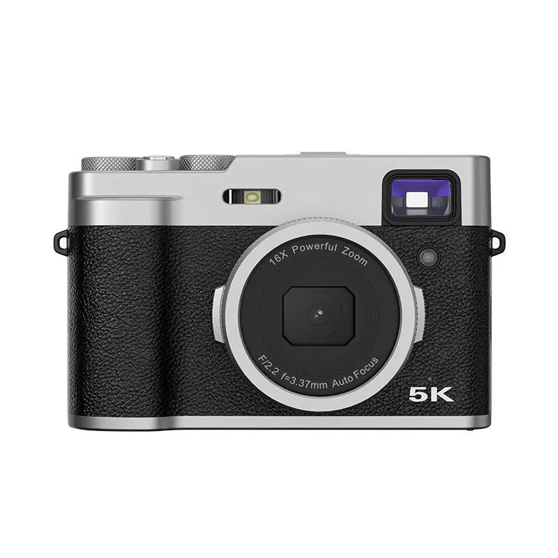 Black 5K digital camera with front and rear lenses, a 2.88-inch screen, and an optical viewfinder on top.
