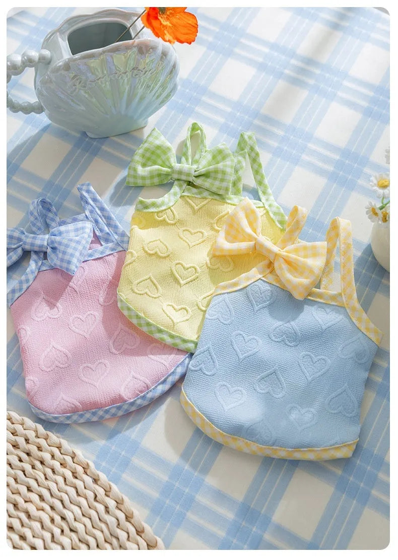 Small dog vest with heart bow suspenders in elastic material showing Bondi Blue colour option