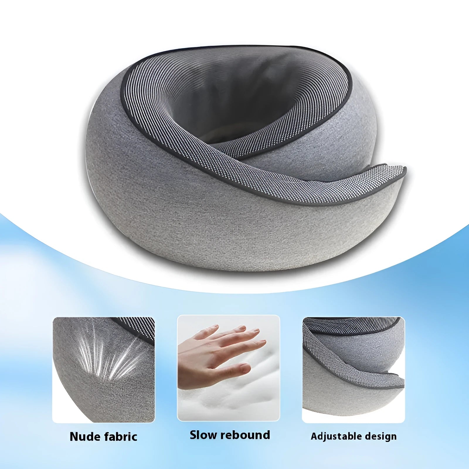 A U-shaped memory foam neck pillow in a modern simplicity style, shown with its included storage bag.