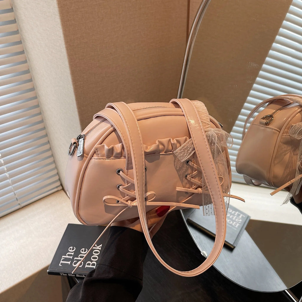 Women's PU bandage bow handbag in milky white with shoulder strap and sewing thread detailing