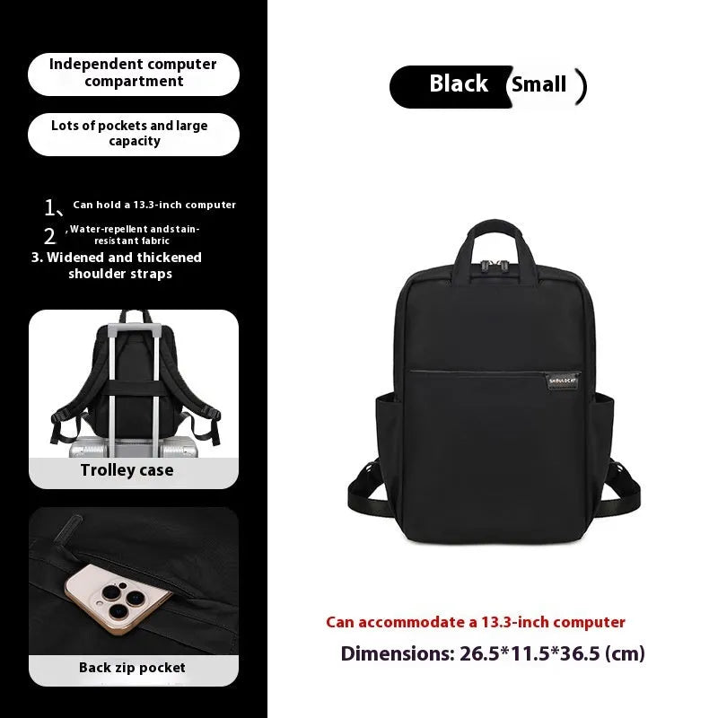 Simple large capacity women's canvas travel backpack in apricot colour, showing front view and organisational pockets.