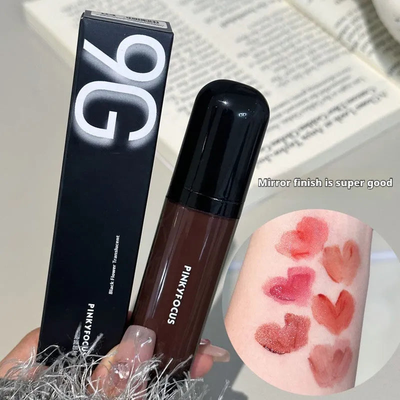 Black Citrus Mirror Lip Lacquer in shiny finish, shown in six colour shades.