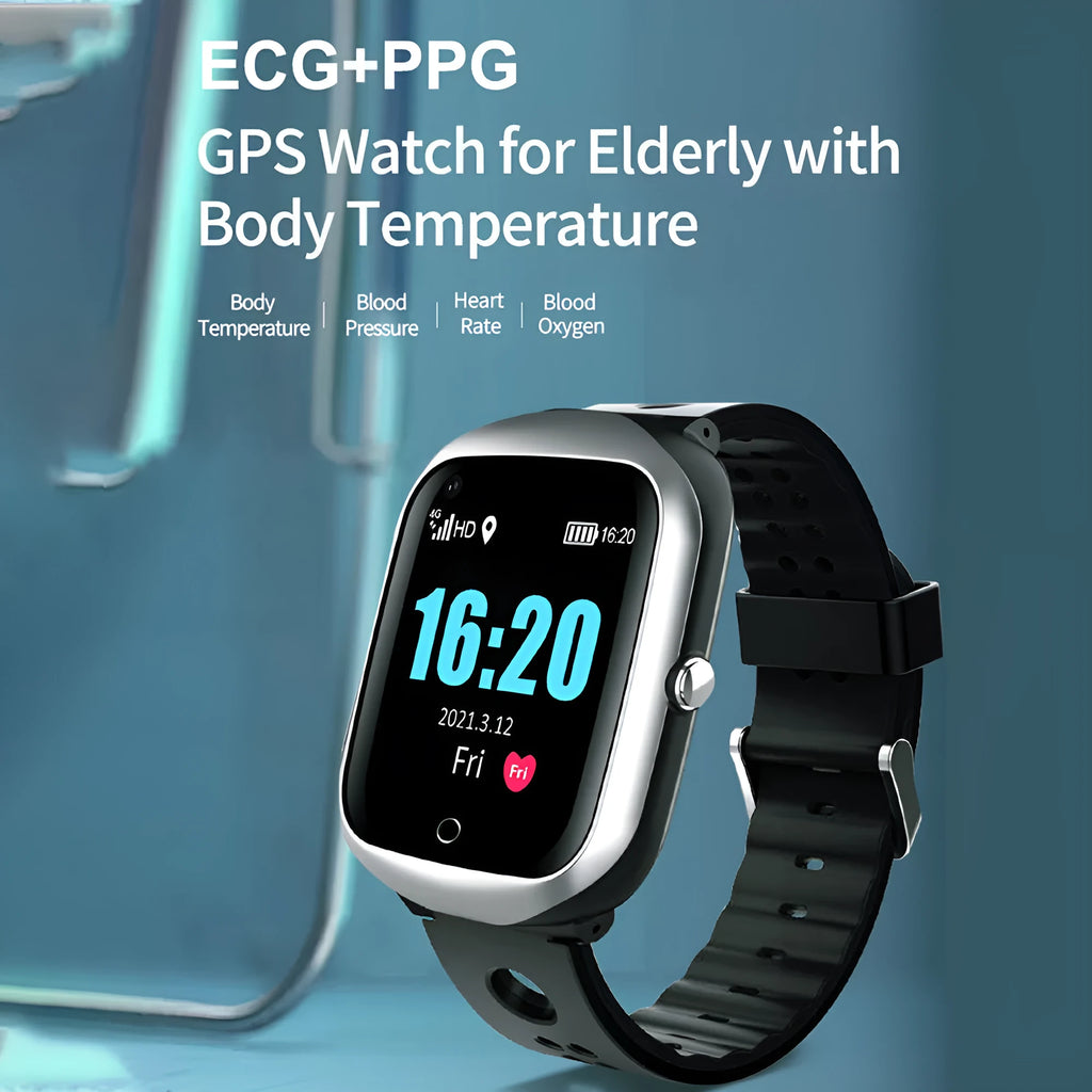 Square elderly safety phone watch with silicone strap showing 1.3-inch touchscreen display