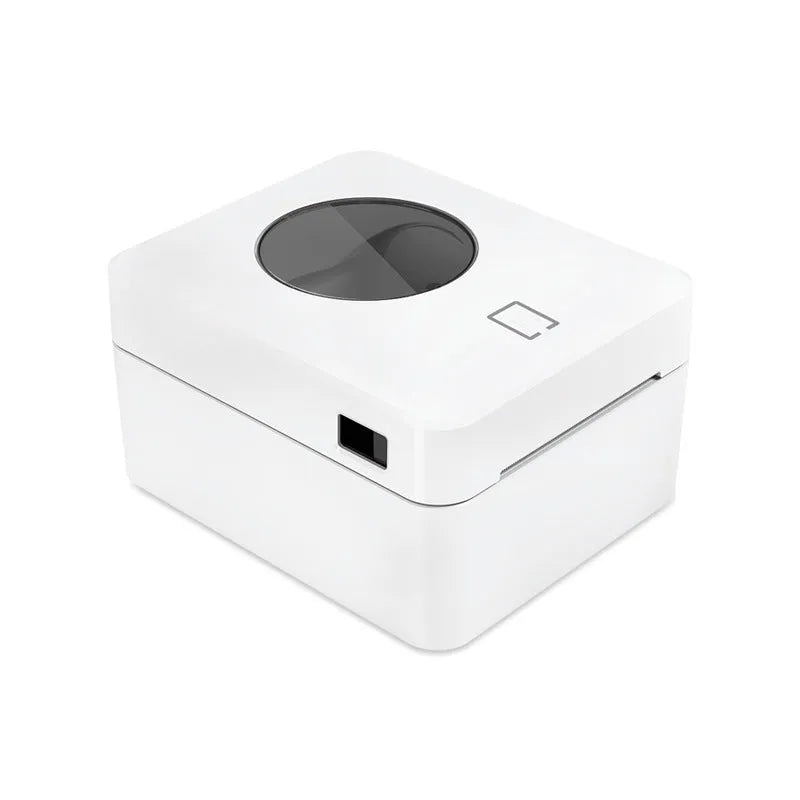 White compact thermal label printer with USB port and Bluetooth connectivity.