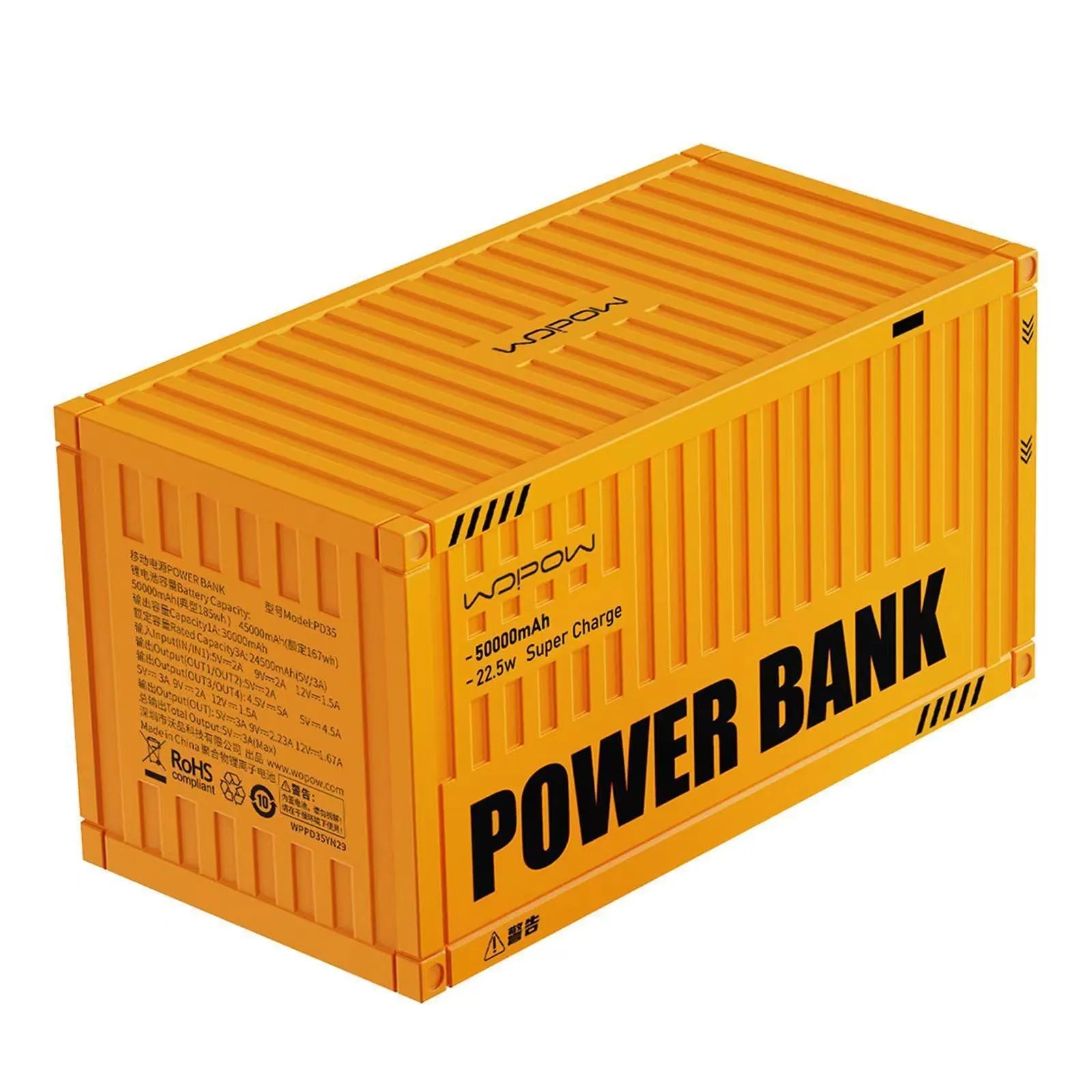 Large yellow 50000mAh power bank with digital display showing battery percentage and multiple USB ports.