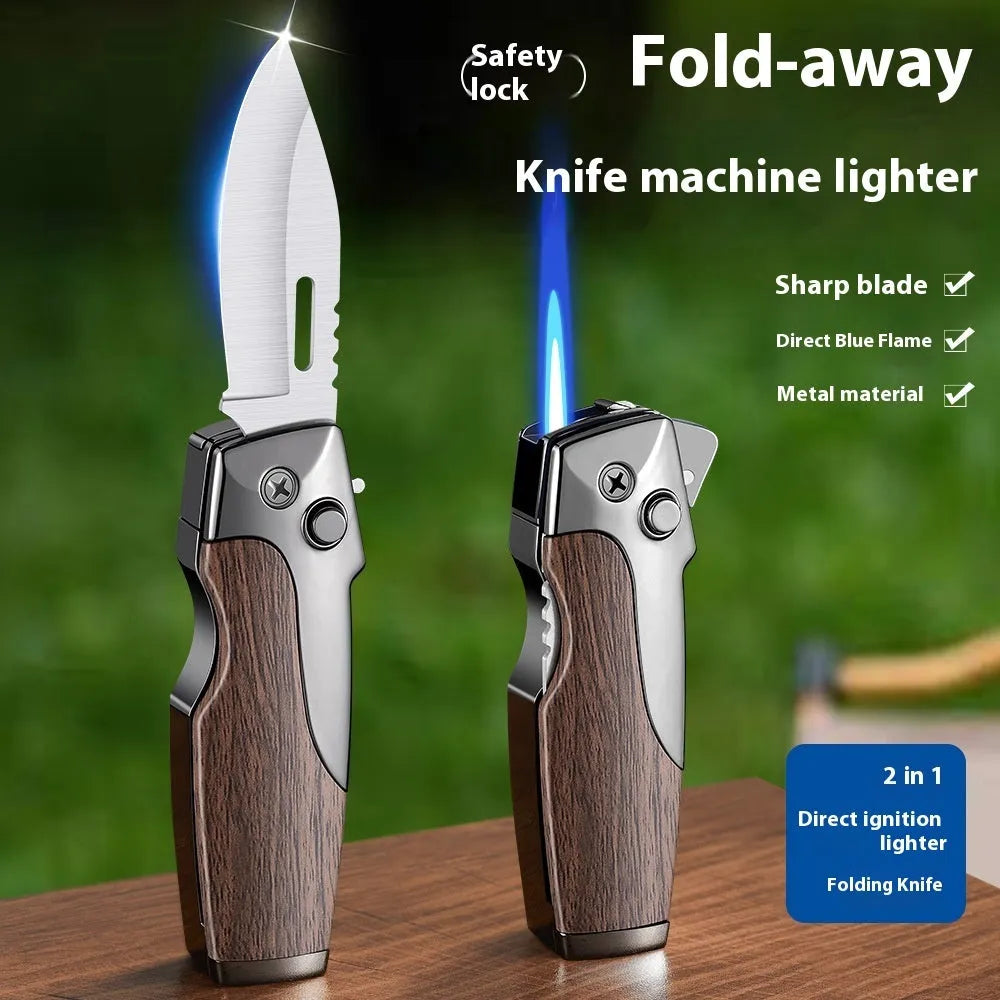 Zinc alloy metal folding pocket lighter with a knife, shown in a wood grain finish