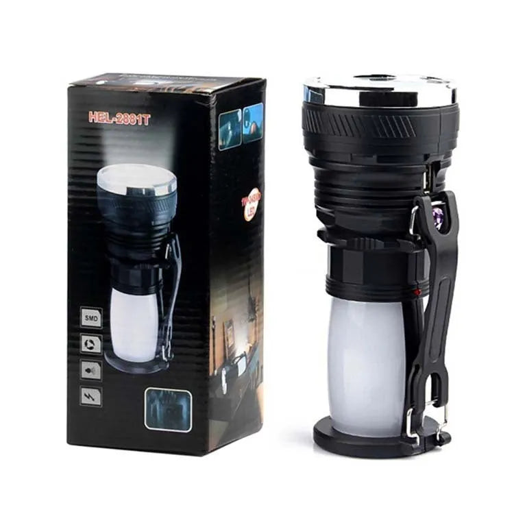 Black solar-powered rechargeable LED torch with USB charging port.