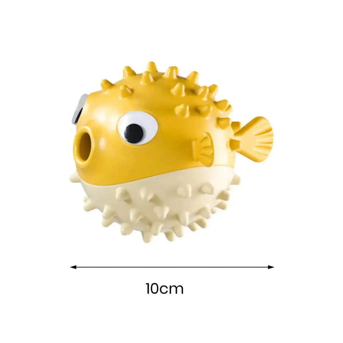 Yellow fish shaped vinyl dog chew toy with textured surface for teeth cleaning