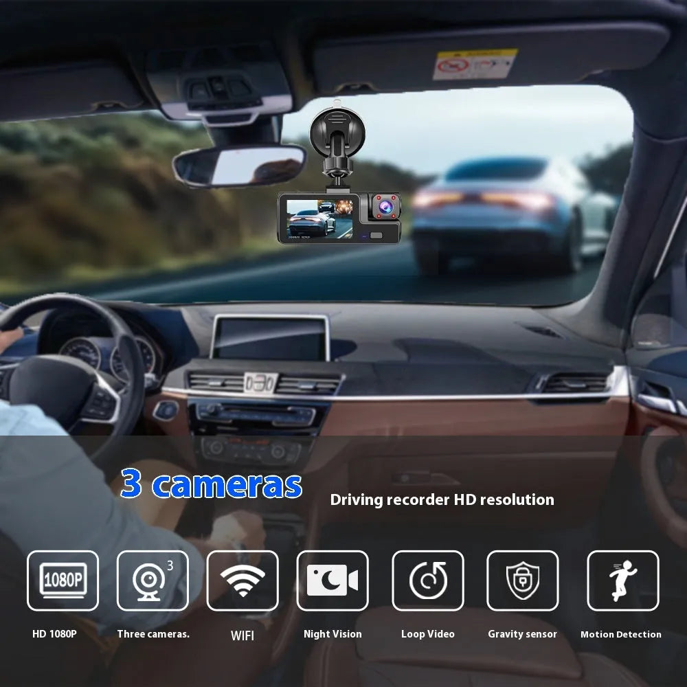 WiFi car driving recorder on a windscreen with a 2-inch screen showing a rearview camera image.