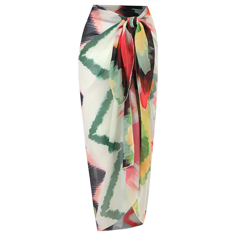 Women's printed two-piece swimsuit set with matching hip skirt in quick-dry polyester fabric