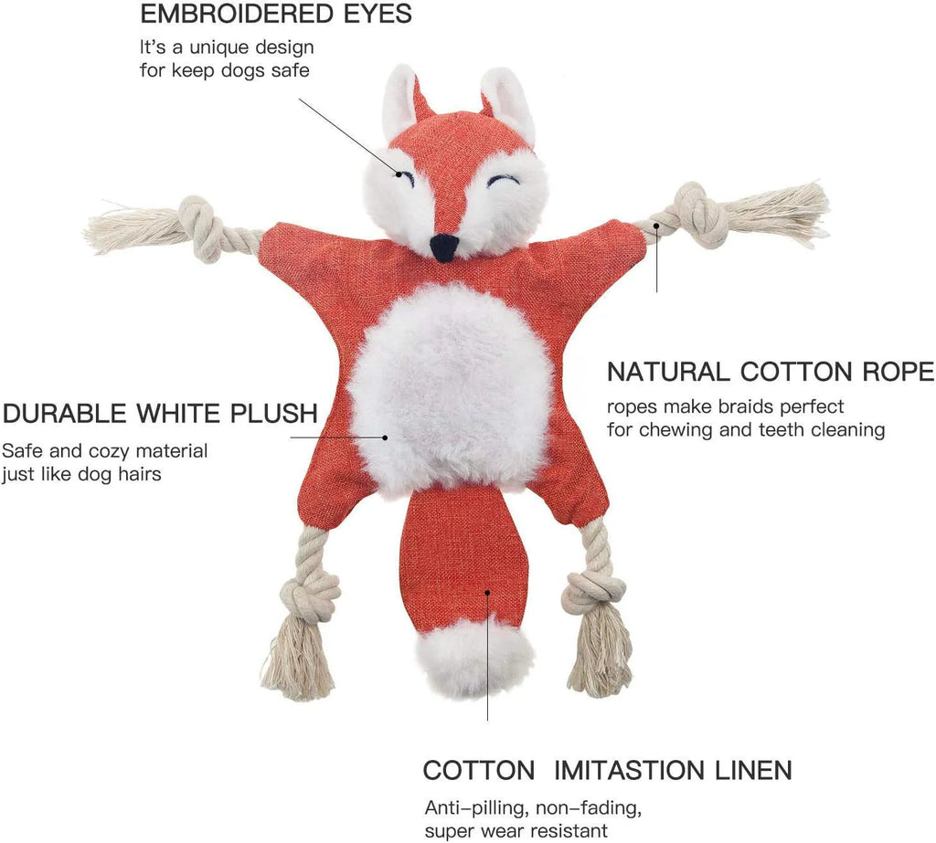 Brown fox-shaped plush dog toy with embroidered eyes, cotton rope limbs, and squeaker crinkle features.