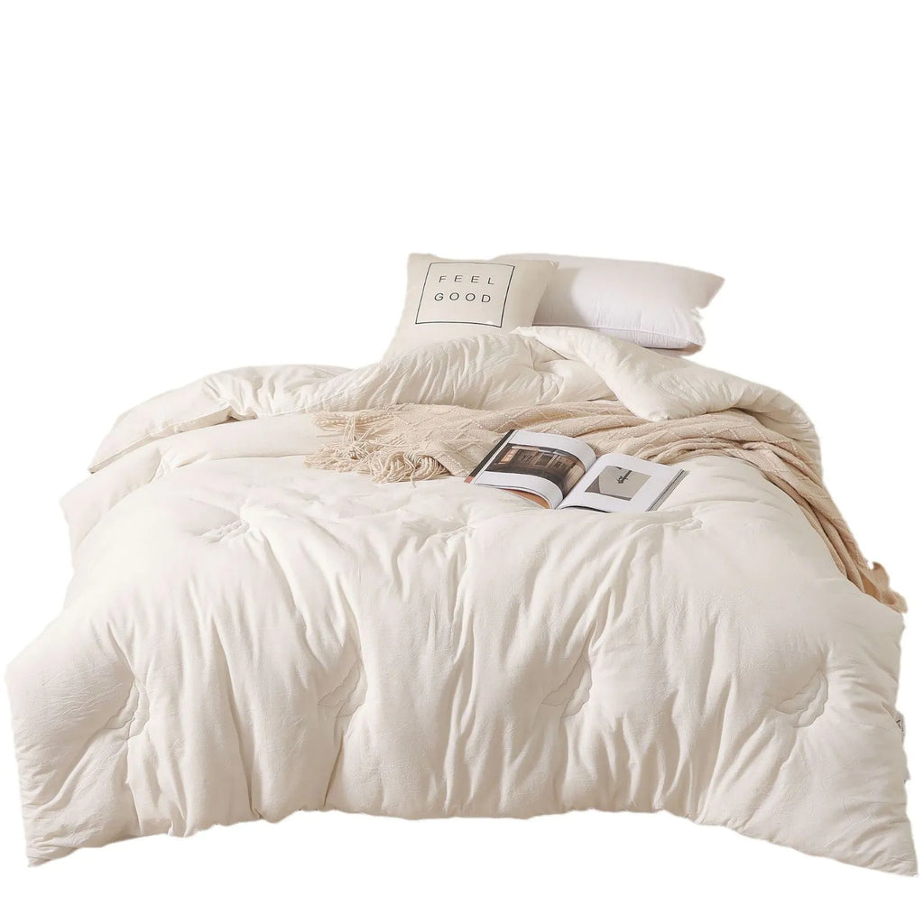 Soybean fibre quilt with pure cotton fabric in grey, pink jade, or white, shown in various sizes.
