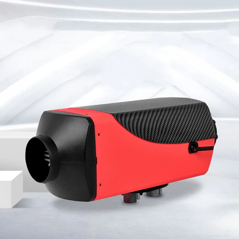 Red and black diesel air heater unit with fuel tank, exhaust pipe and installation components for vehicles.