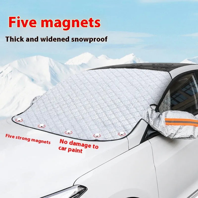 Aluminium foil front windshield car cover with reflective edge stripes and magnets for SUV winter protection