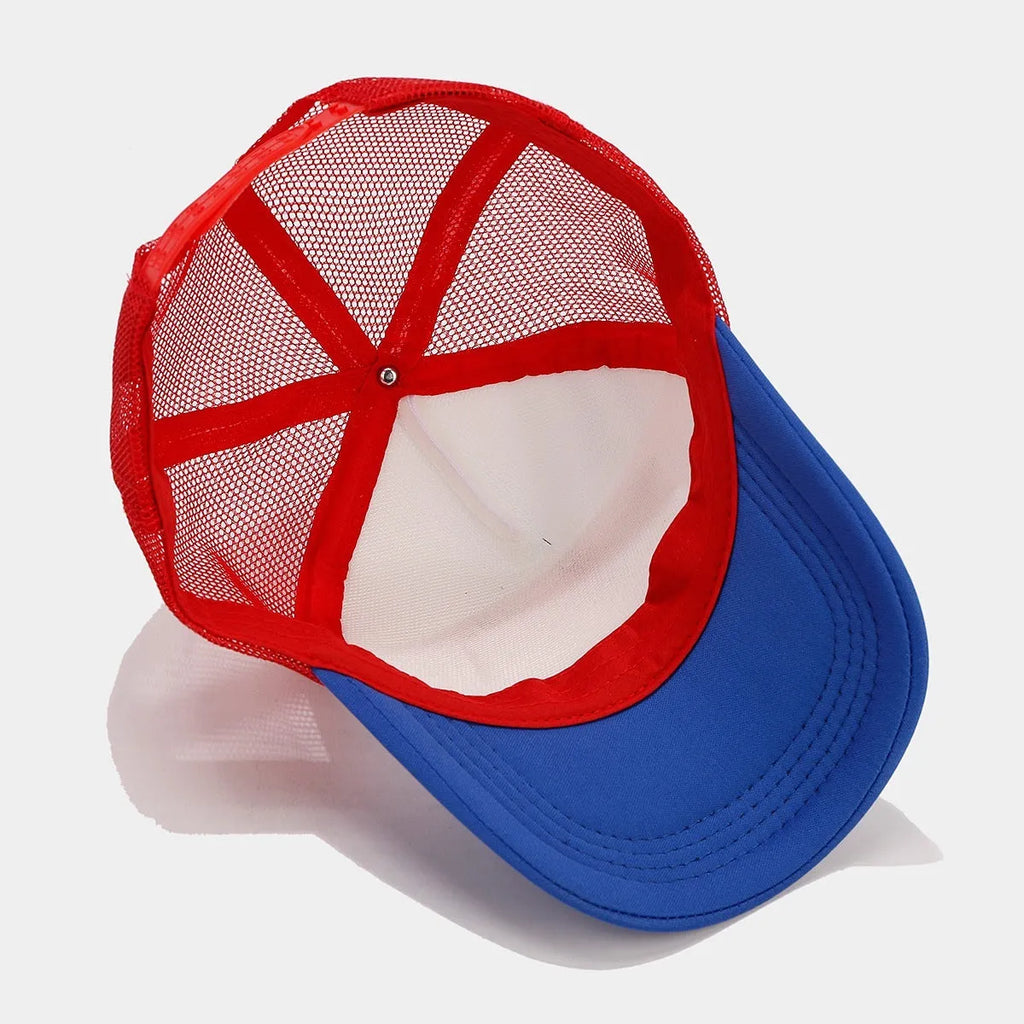 Red and blue contrast baseball cap with dome crown and adjustable strap