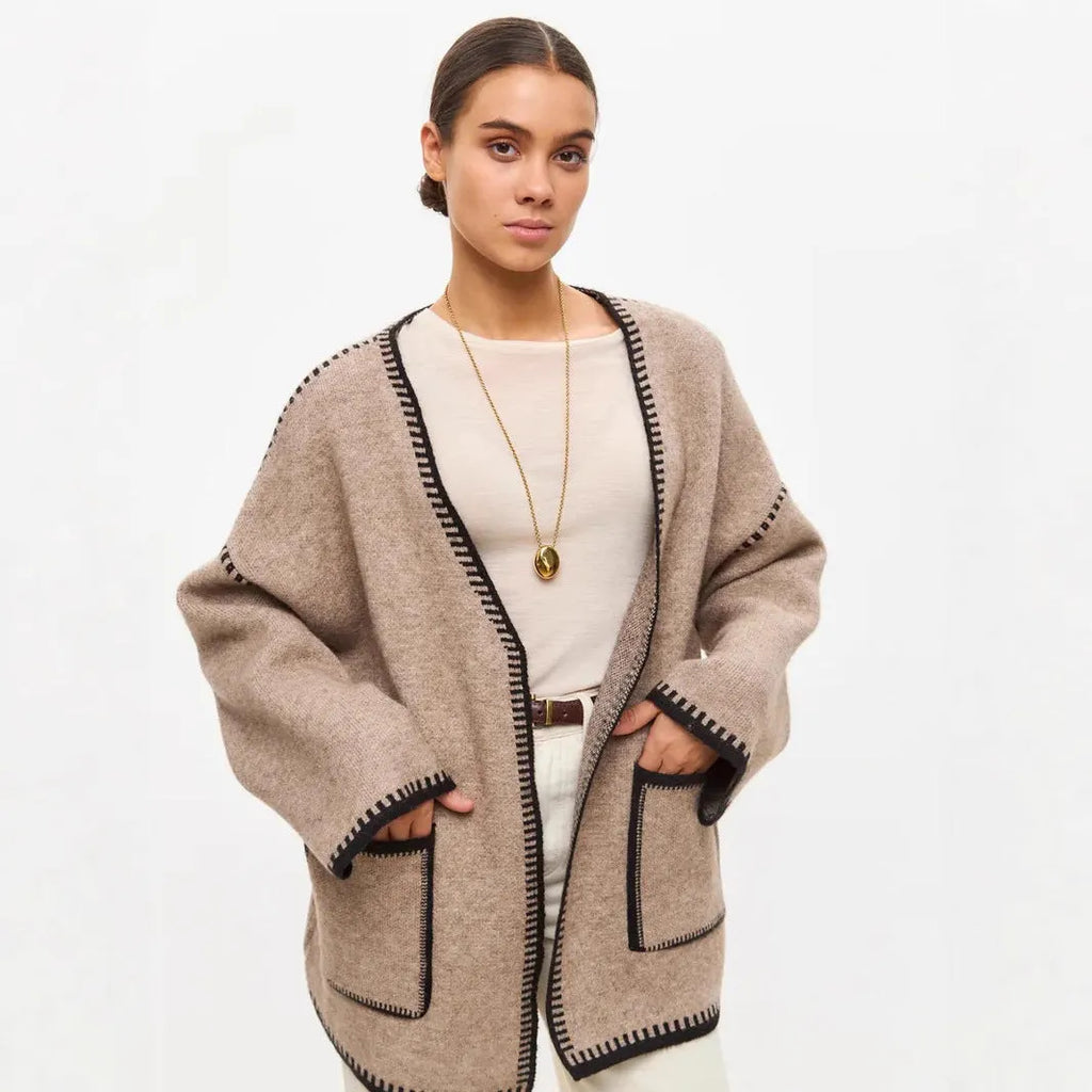 Women's lace-up knitted cotton cardigan in mid-length loose fit