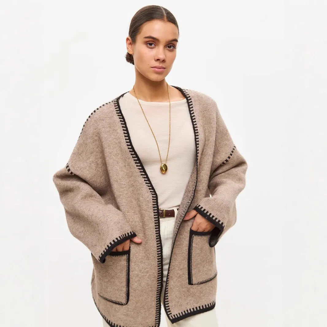 Women's lace-up knitted cotton cardigan in mid-length loose fit