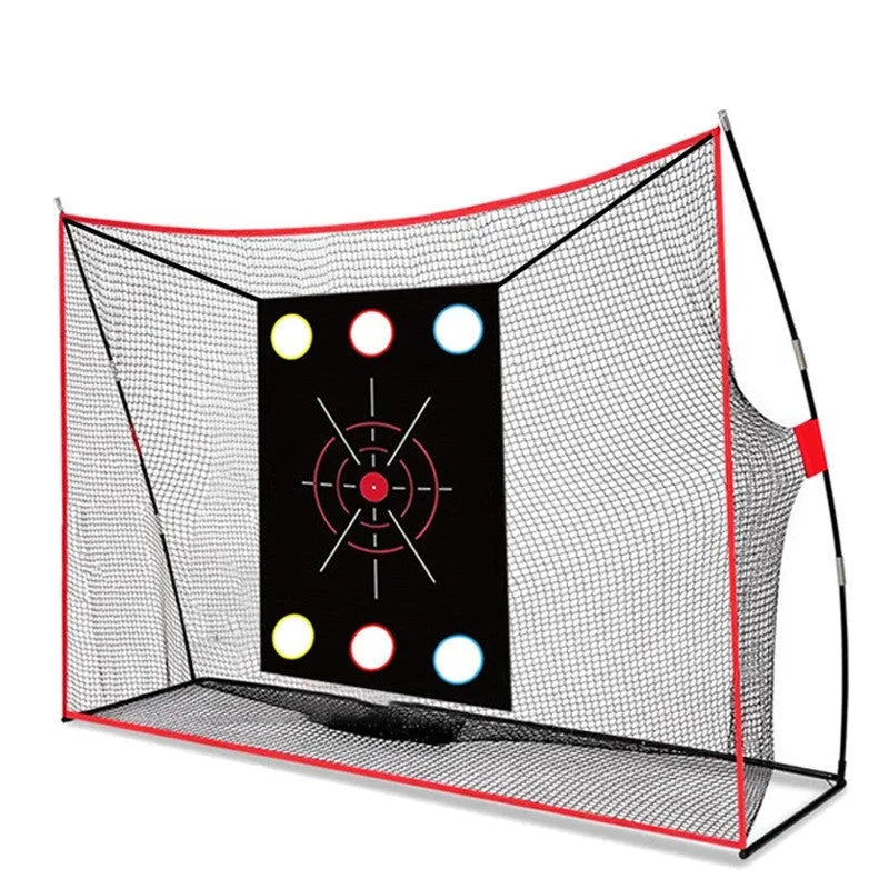 Golf swing wedge training net set with straw mat, practice balls, and target net laid out.