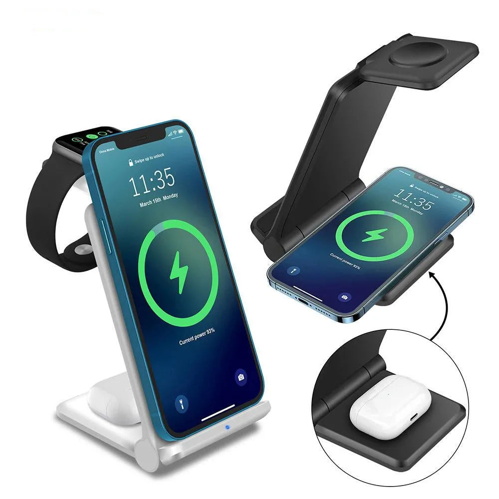 Black and white 3-in-1 wireless charging station for phone, AirPods and Apple Watch on a desk.