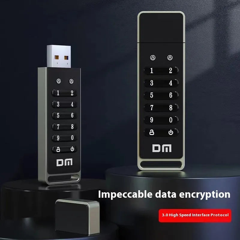 Silver metal encrypted USB flash drive with fingerprint sensor and button, showing 64GB capacity.